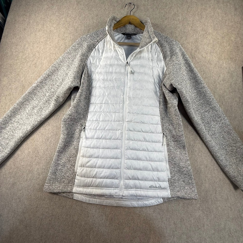 Eddie Bauer Women EB700 Hybrid Down Puffer Knit Jacket Grey White Large